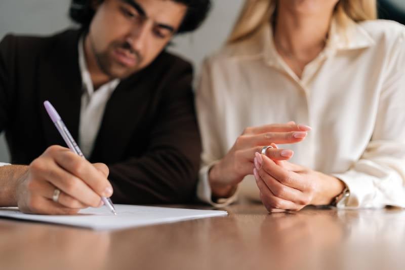 A man signs papers while a woman removes her wedding ring